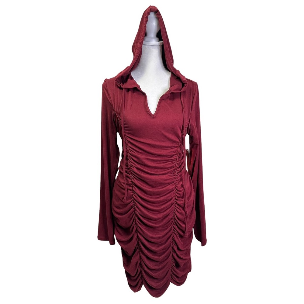 Almost Famous Hooded Mini Dress Women XL Burgundy Ruched Long Sleeve Bodycon NWT